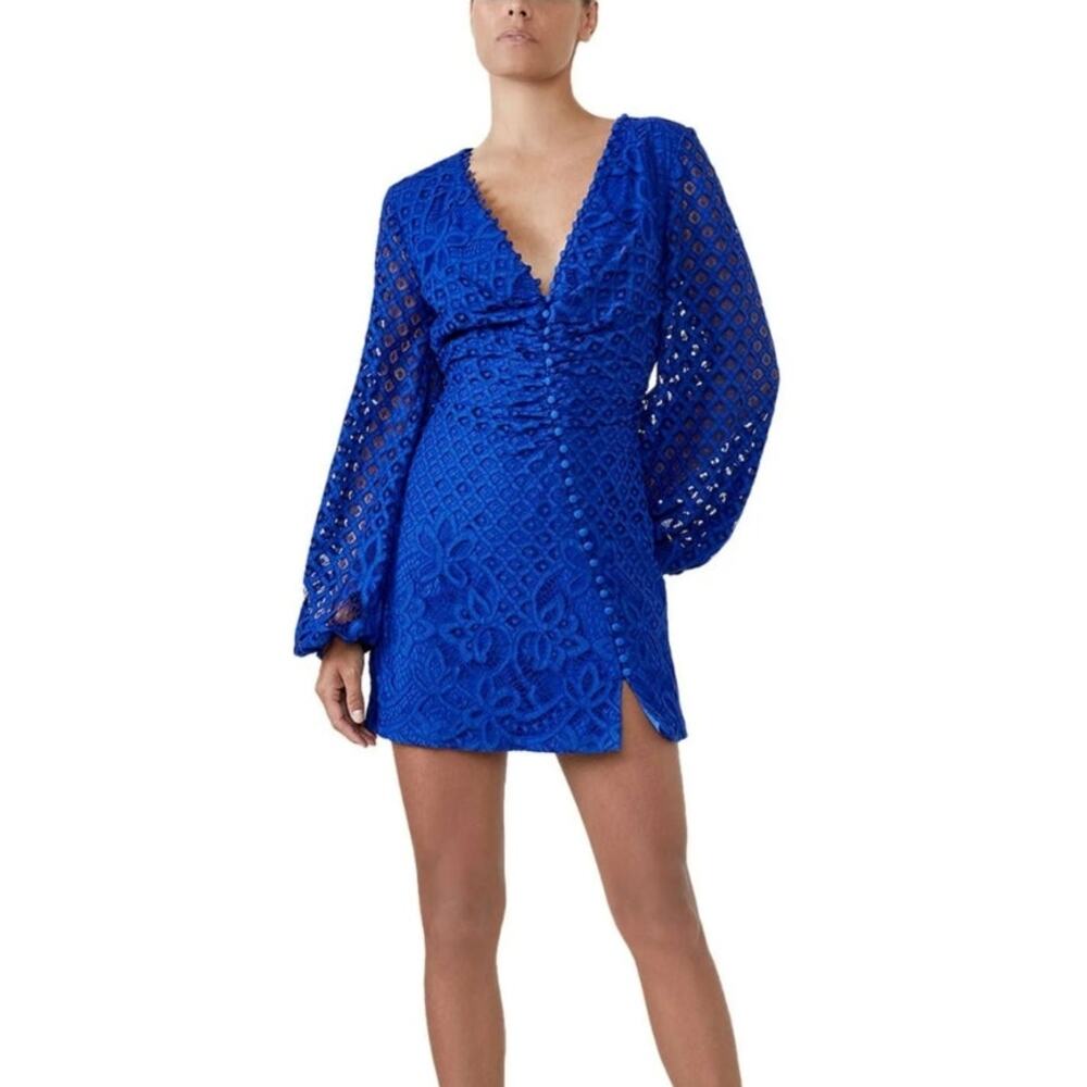 Bardot Stretch Lace Button-detail Balloon Sleeve V Neck Mini Cocktail Dress US 6